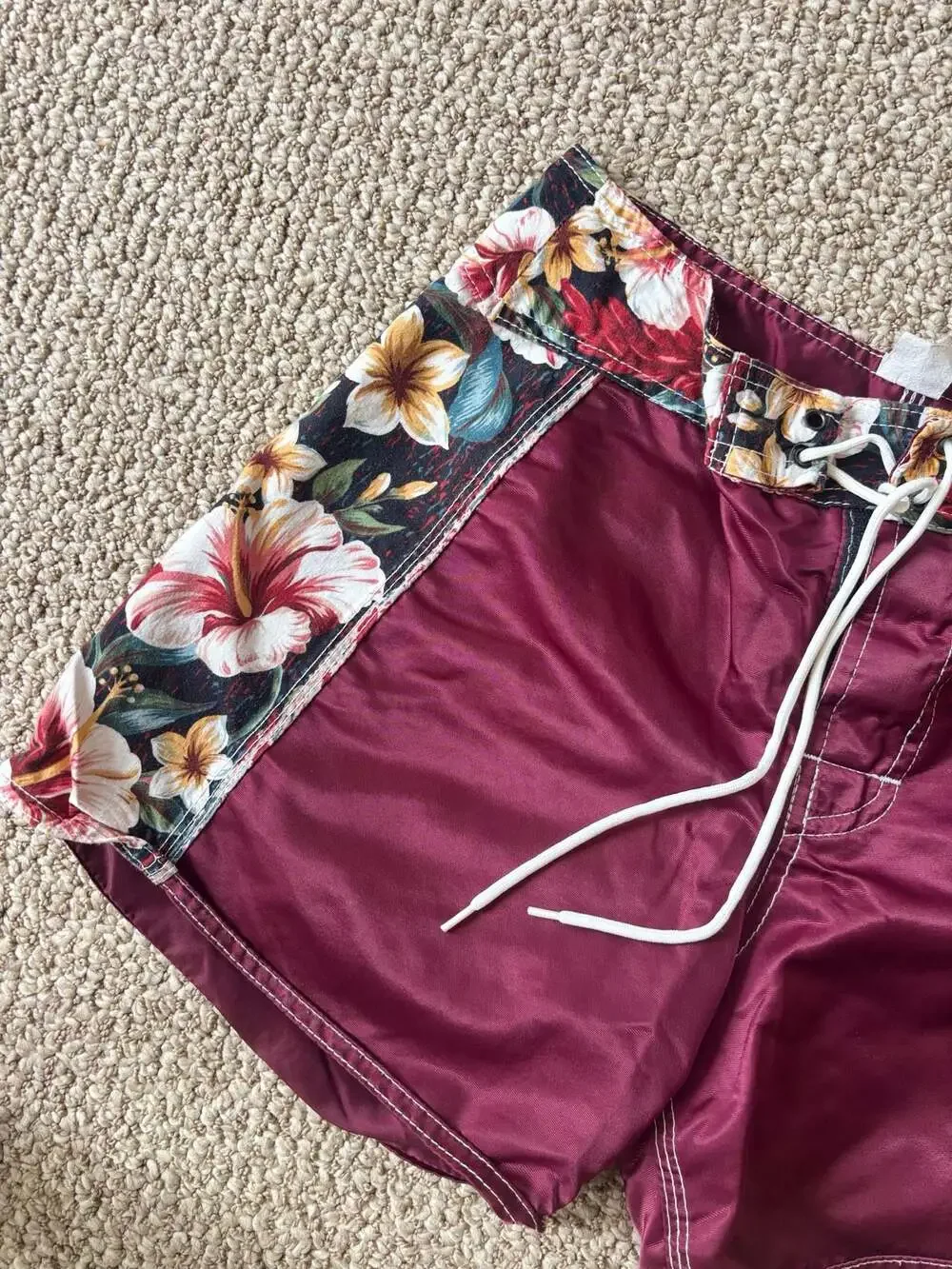 Vintage Maroon and Floral Board Shorts Swim Trunks Size S